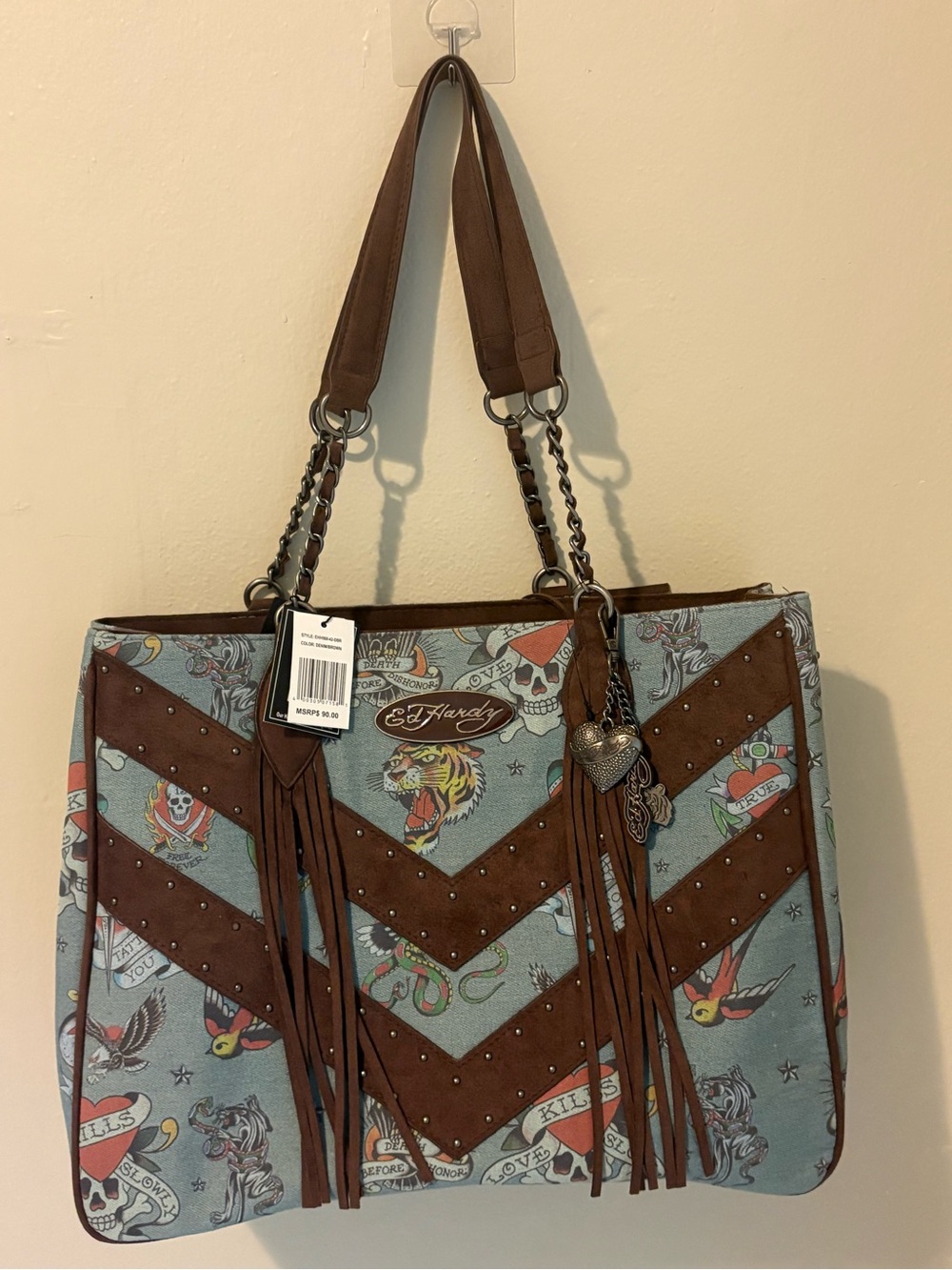 NWT Ed Hardy Studded Fringe Shoulder Bag Denim Brown Tattoo Graphic Tote